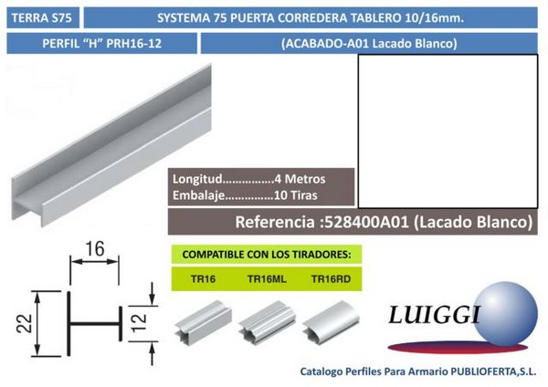 Perfil  H  ref.PRH16-12 4 m.Lacado Blanco
