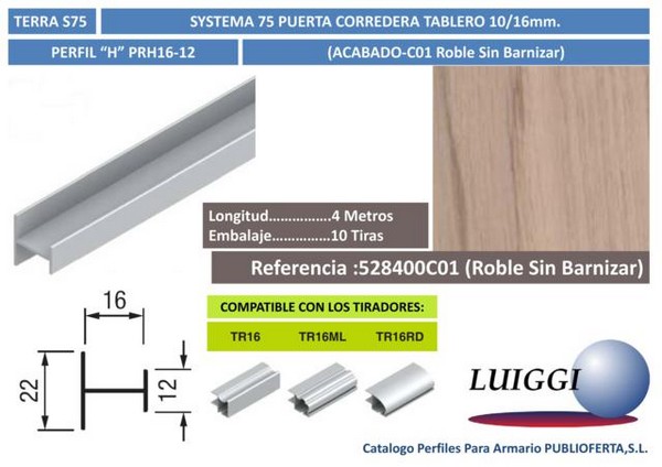Perfil  H  ref.PRH16-12 4 m.Roble Sin Barnizar