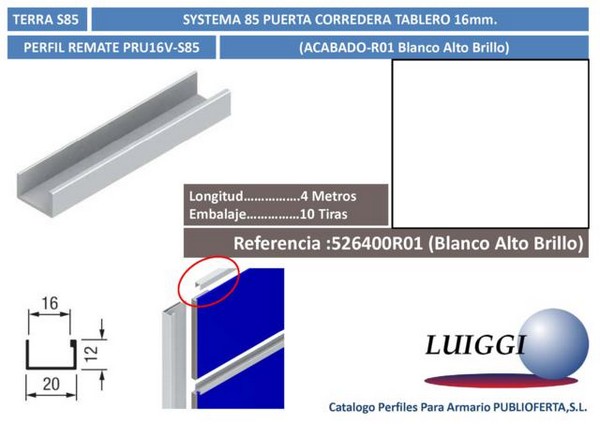 Perfil Remate S/85 ref:PRU16V-S85 4 m.Blanco Alto Brillo