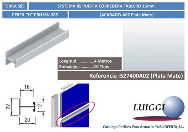 Perfil  H  S/85 ref:PRH16V-S85 4 m.Plata Mate