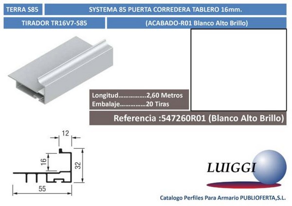 Perfil Tirador S/85 ref:TR16V7-S85 2,6 m.Blanco Alto Brillo