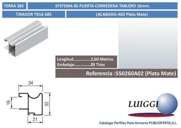 Perfil Tirador S/85 ref:TR19-S85 2,6 m.Plata Mate
