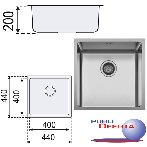 Freg LUIGGI inox B/ encimera 40X40x20 RADIO 19 - Imagen 2